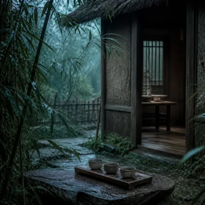 A thatched study seen through bamboo, with a tea tray set for a guest who has not arrived.