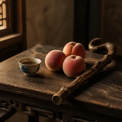Ripe peaches and a knotted wooden staff arranged as a longevity offering.
