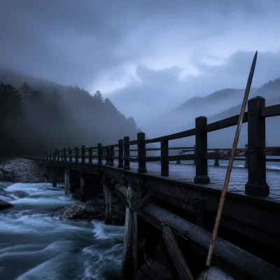 A dark timber bridge over moving water at dawn, empty.