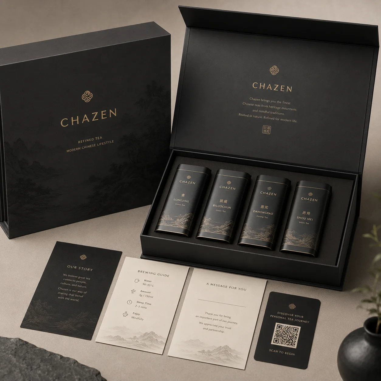 A black Chazen presentation box with four tea canisters and ritual cards.
