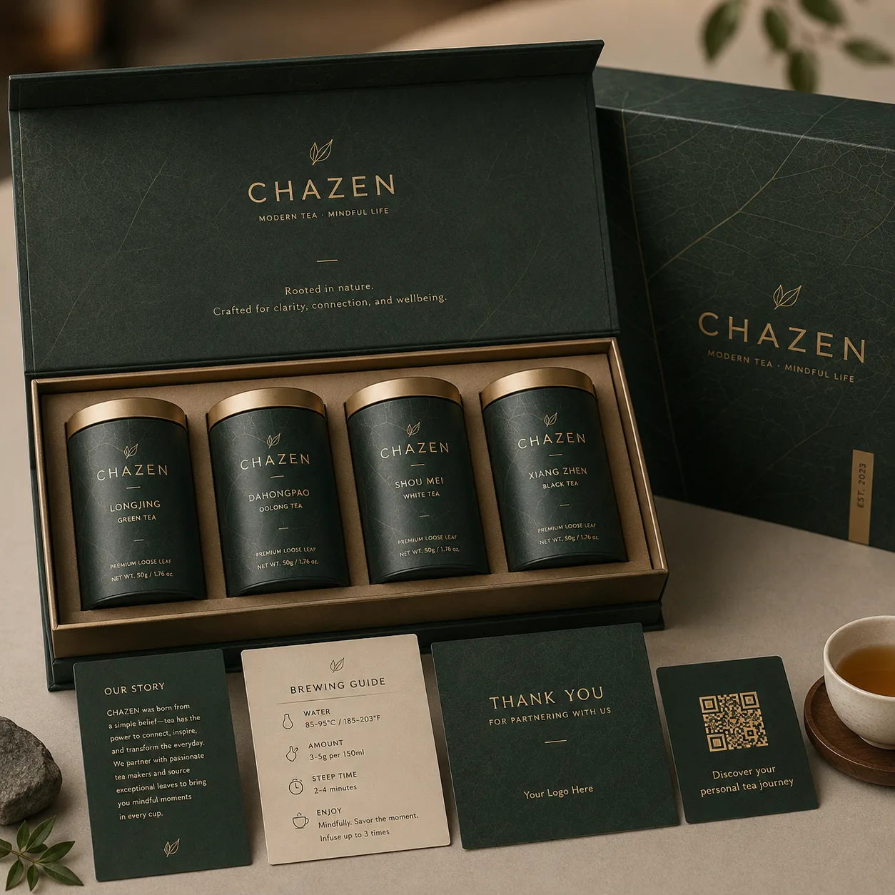 A deep green Chazen presentation box with four tea canisters.