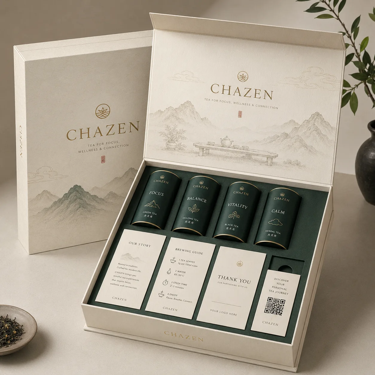 An ivory Chazen presentation box with green tea canisters and story cards.