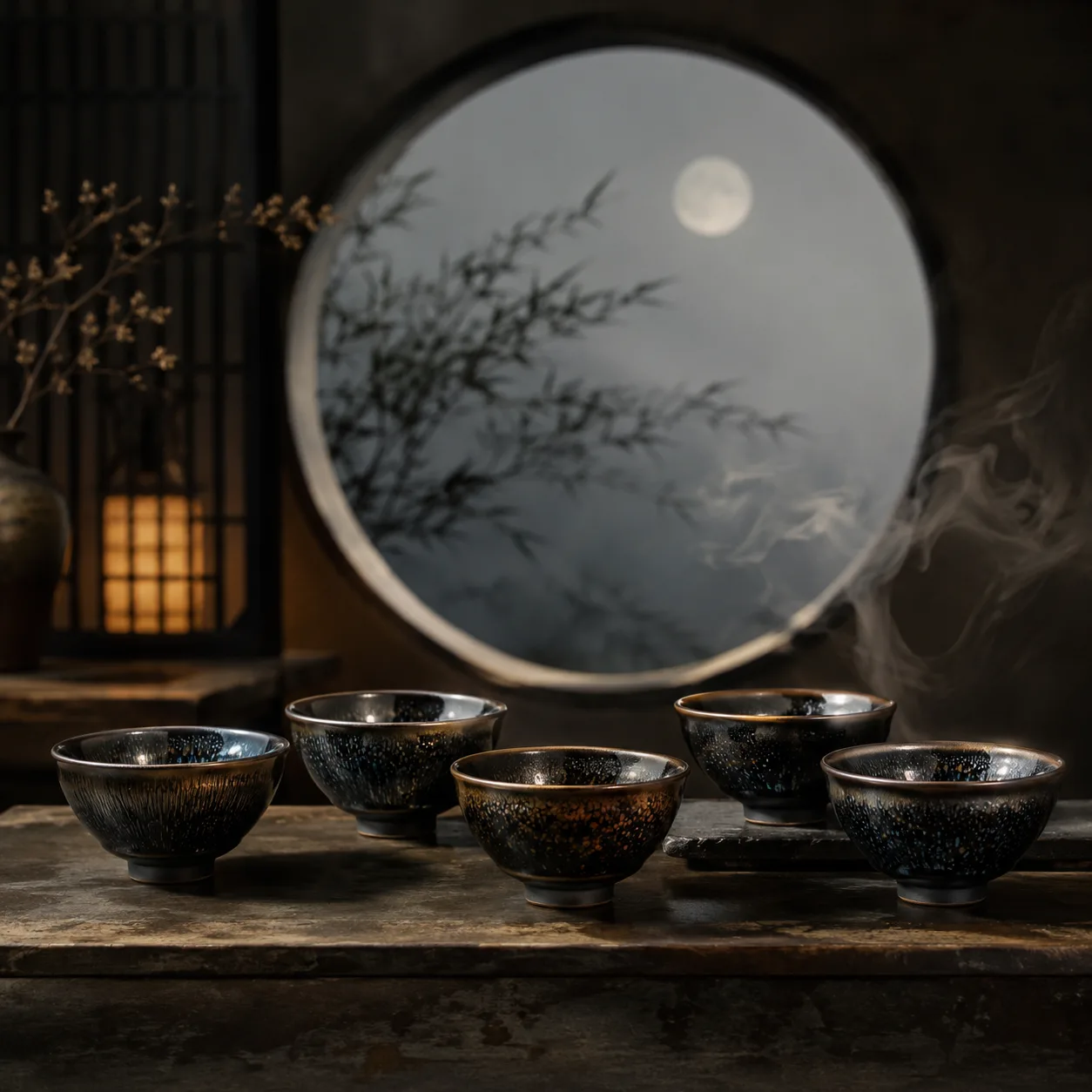 A dark Jian Zhan tea set arranged before a moonlit round window.