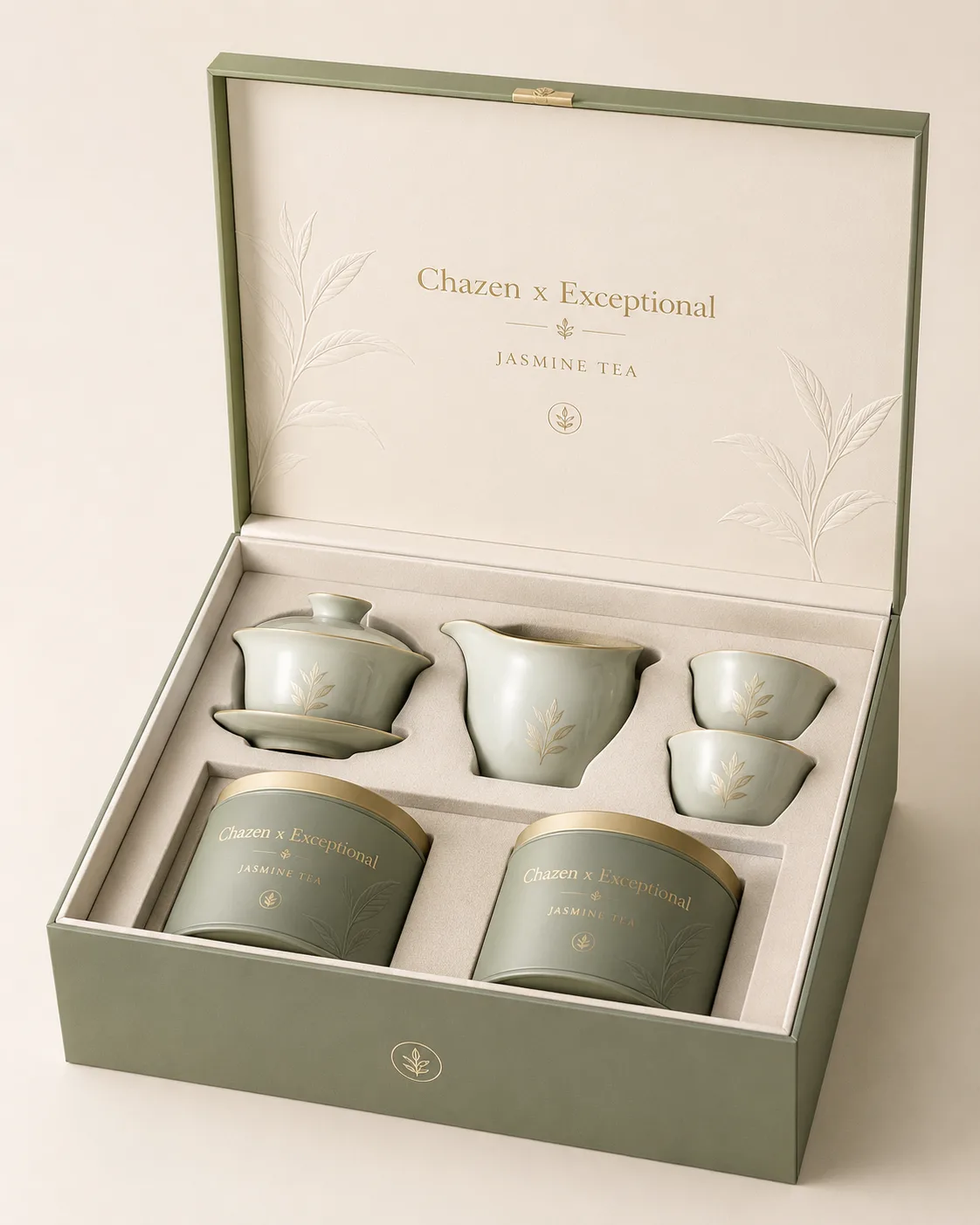 A celadon teaware gift box, open to show the vessels inside