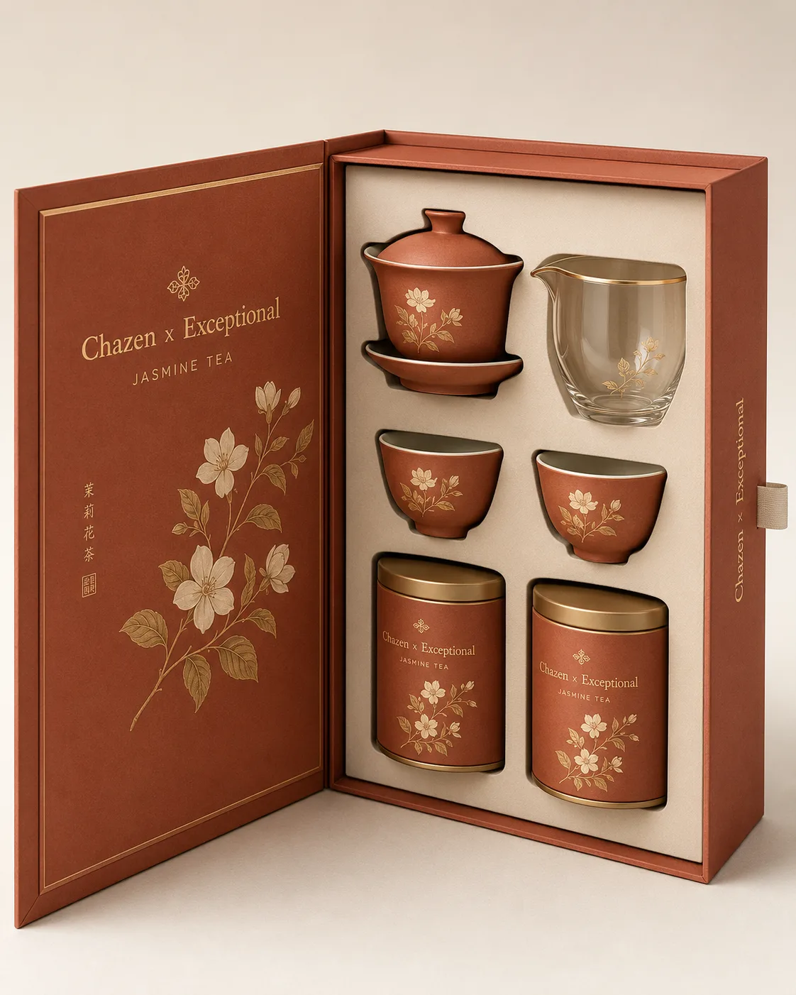 A terracotta book-style gift box with clay teaware and tea canisters.