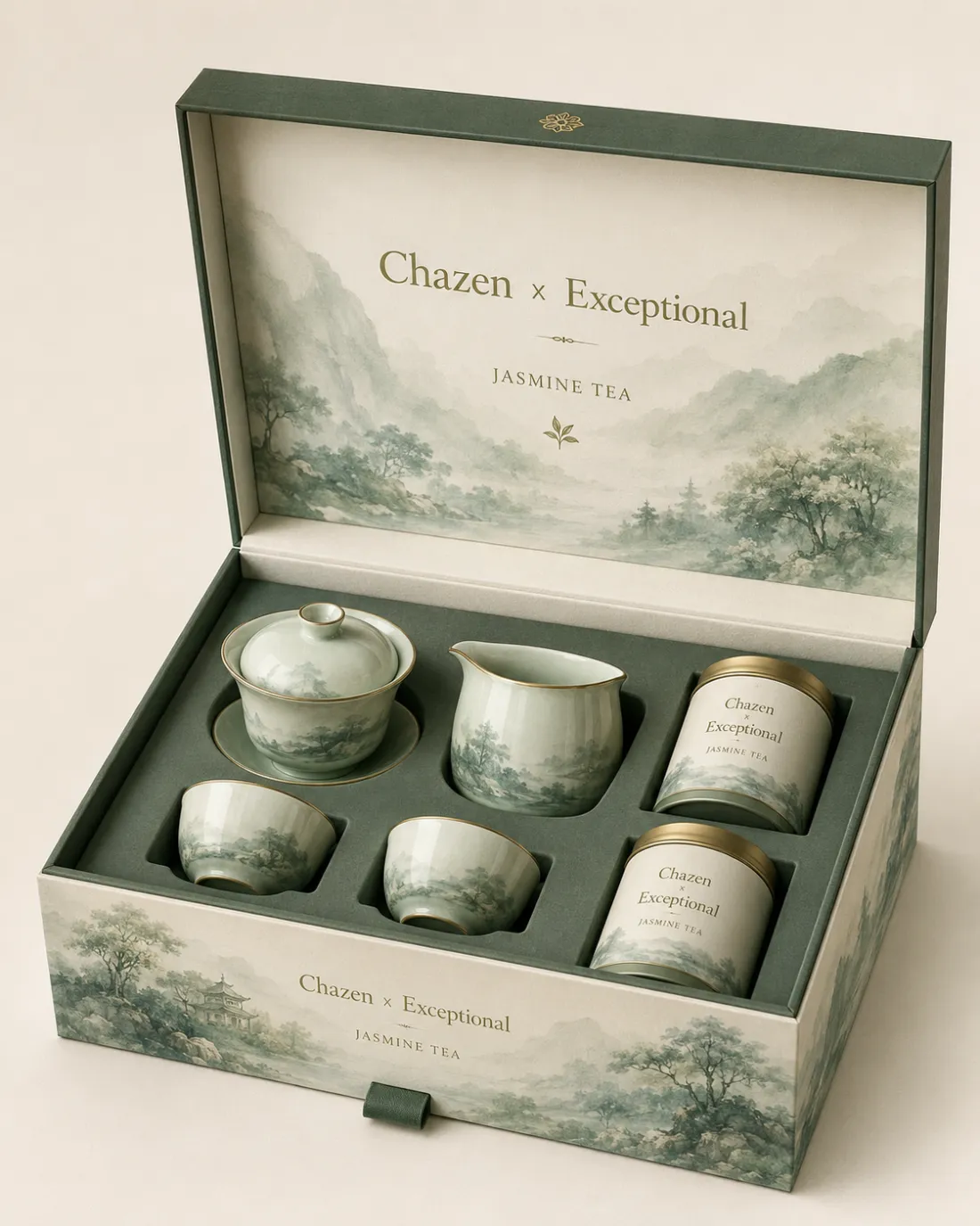 An open celadon tea gift set with a landscape motif, laid out for presentation.