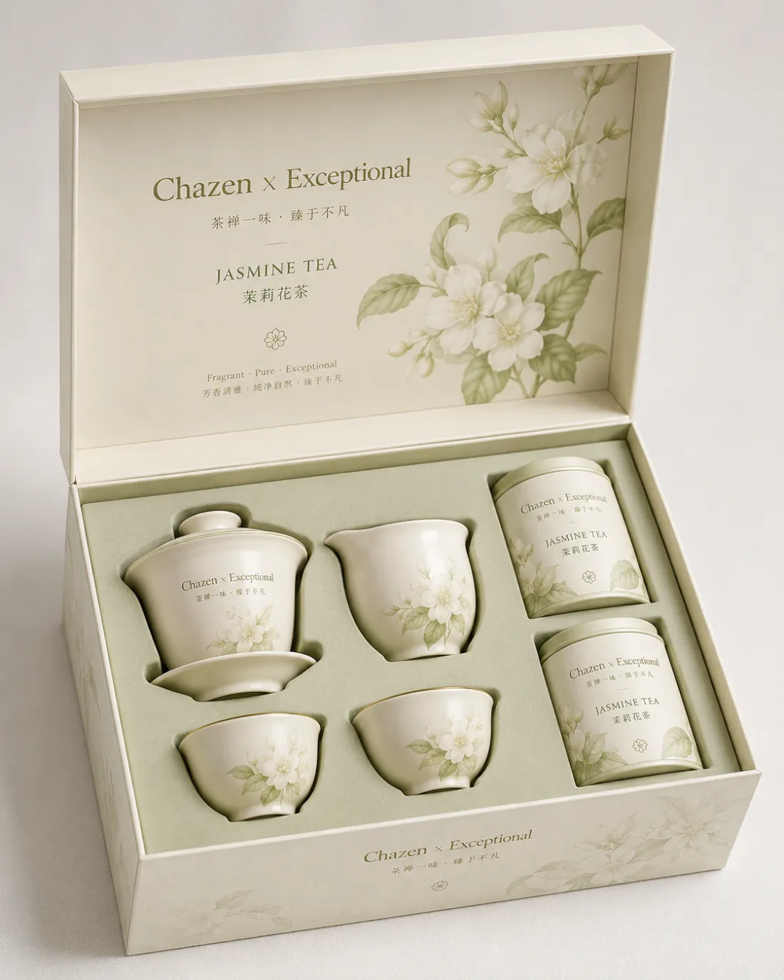 An open sage floral tea gift set ready for a considered client presentation.