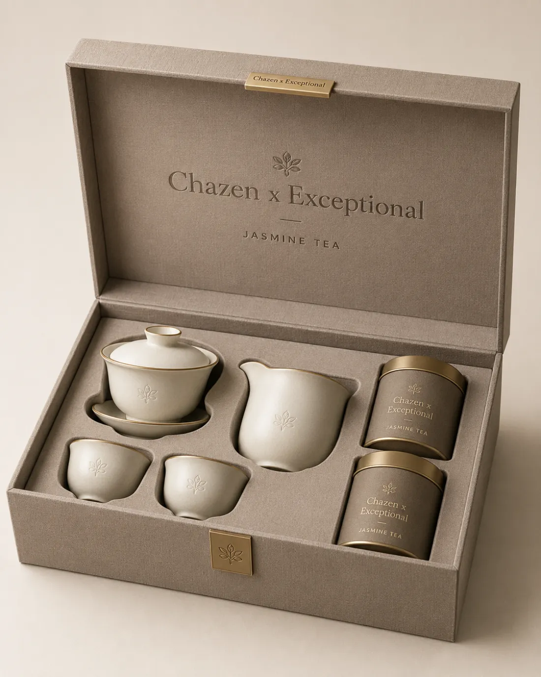 A refined Chazen cultural gift box in taupe linen and brass, opened for presentation.