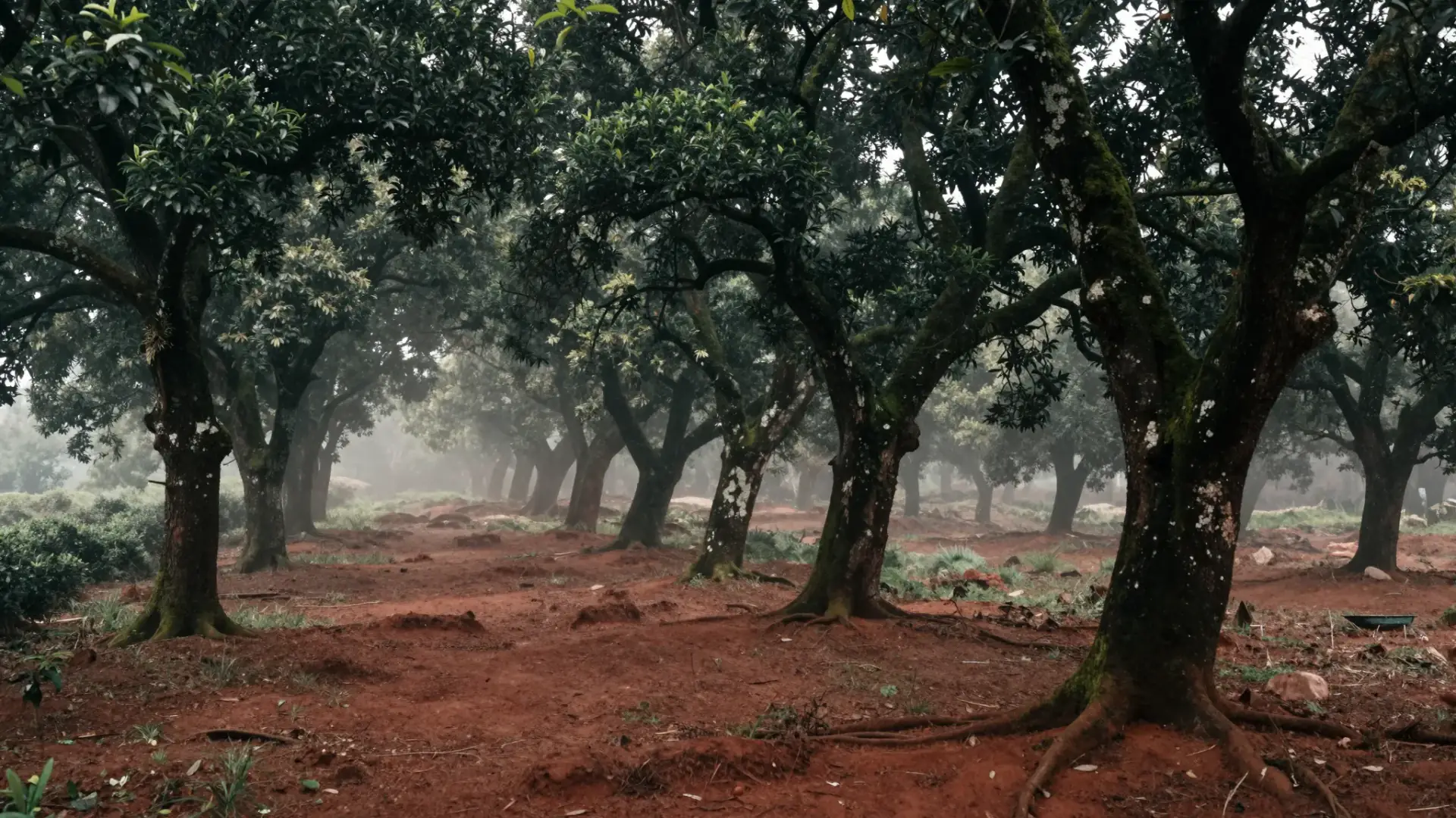 Ancient tea forest in the Yunnan highlands: old unpruned tea trees spaced beneath taller broadleaf canopy, deep red lateritic earth on the path between them, mist standing among the trunks.