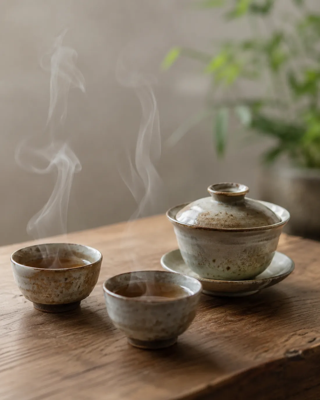 A gaiwan steaming beside bamboo in daylight