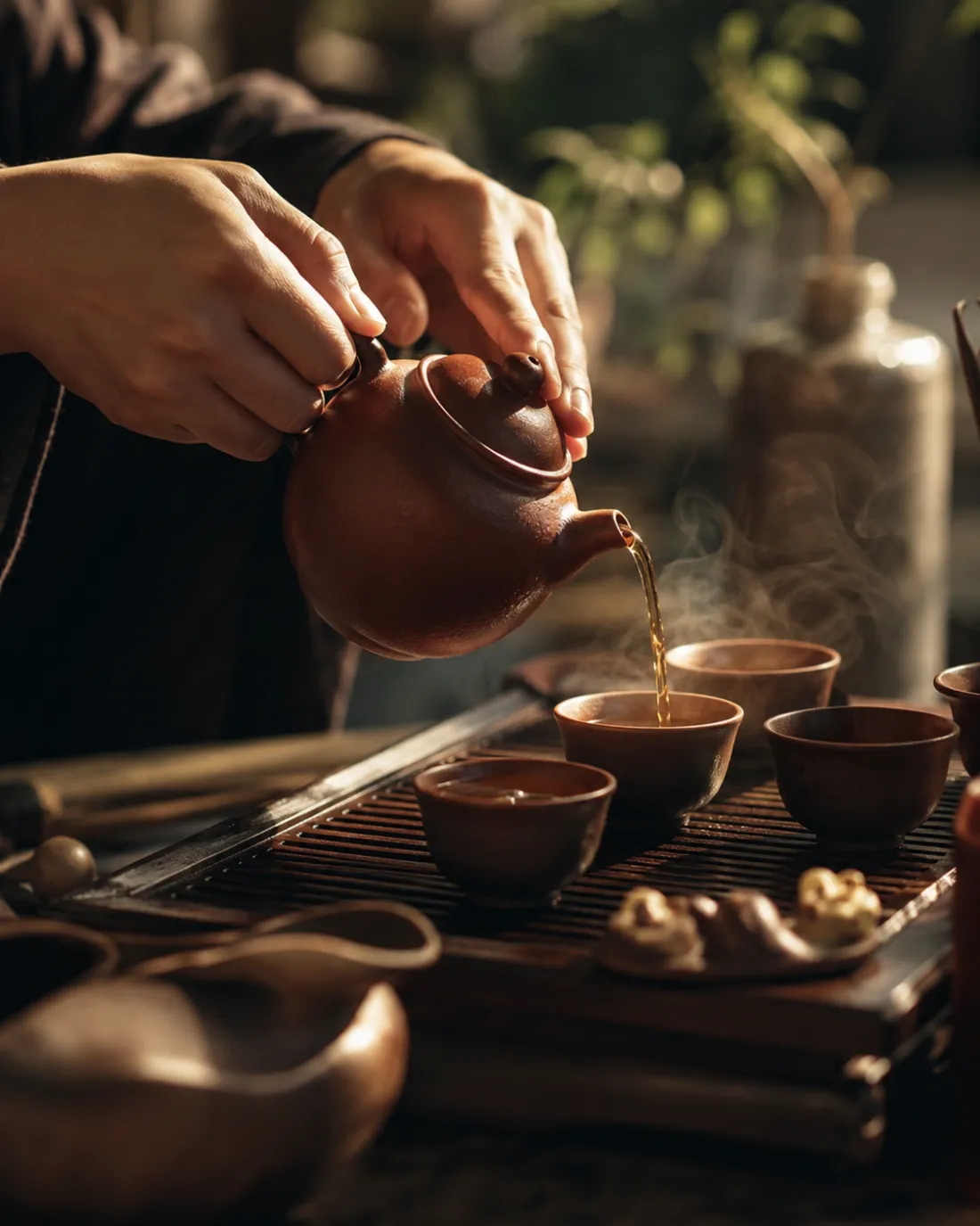 Hands pouring tea from a yixing pot in warm light