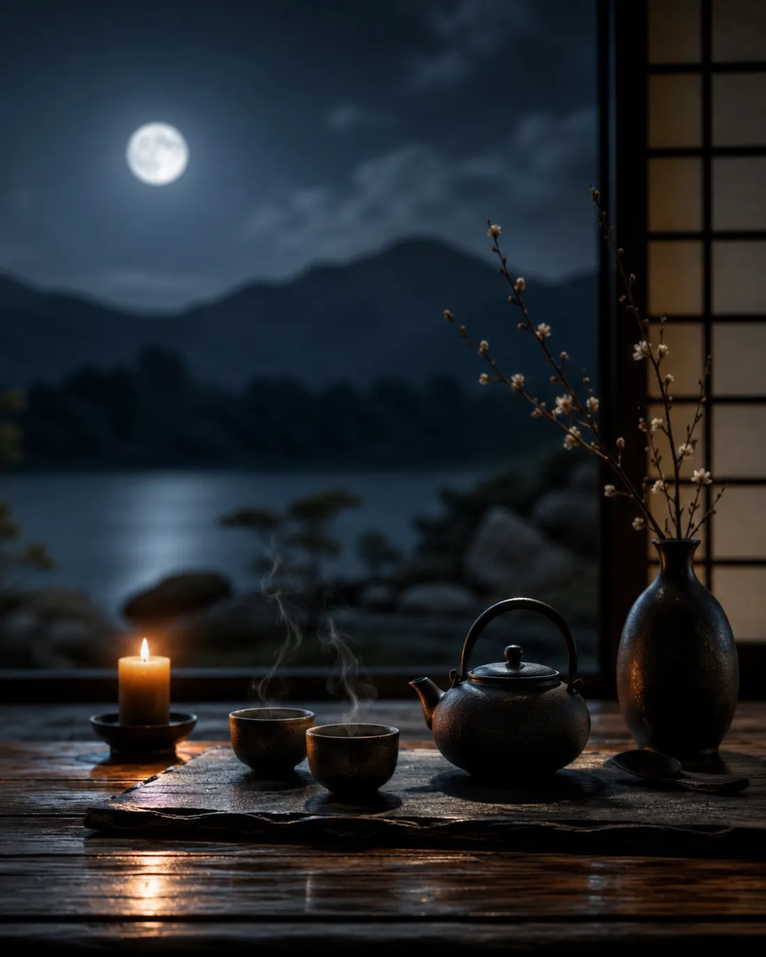 Kettle by candlelight at a moonlit lake
