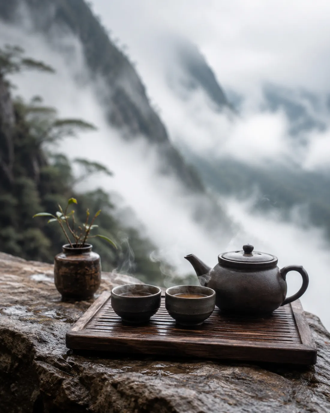 Tea tray against mountain mist