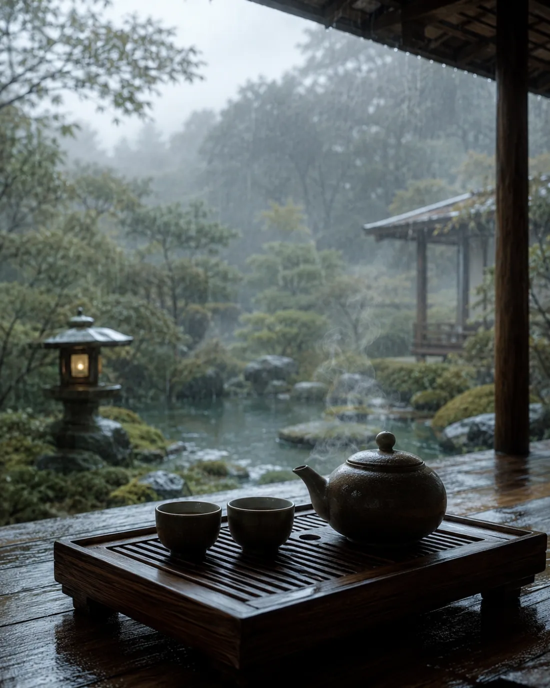 Rain on a veranda beside a garden tea tray