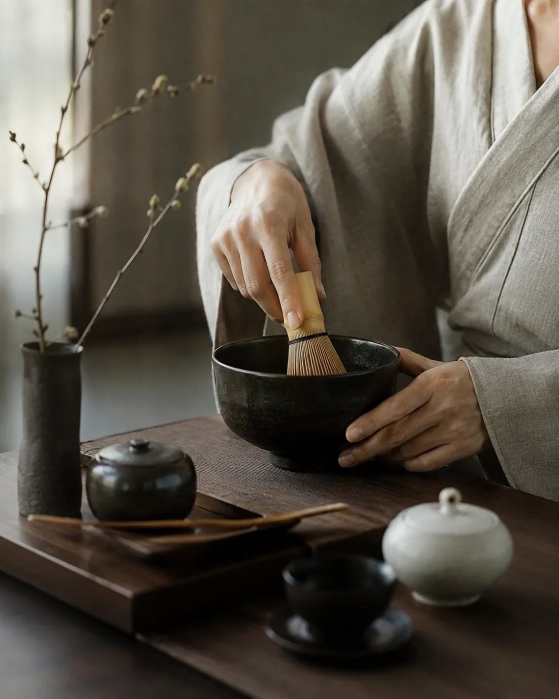 Tea being whisked in a bowl