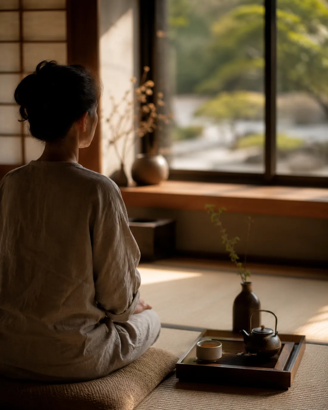 A woman seated on matting by a window with a tea tray laid out in front of her