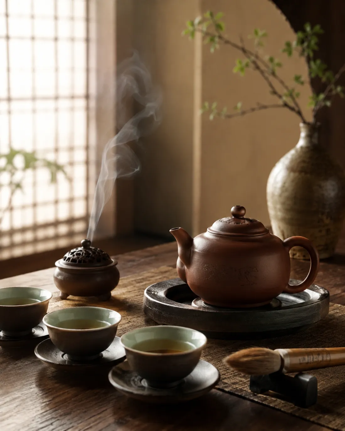 Yixing pot, incense and brush at a warm window