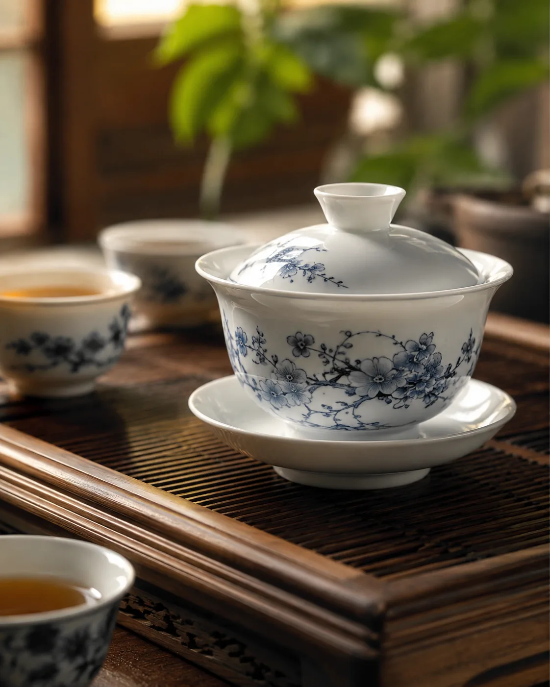 A blue-and-white gaiwan on its saucer on a wooden tray, with two cups of amber liquor beside it.