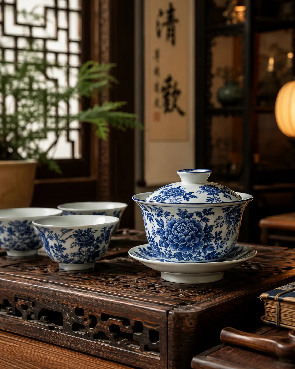 Three blue-and-white cups and a flower-painted gaiwan on a carved rosewood table below a hanging scroll.