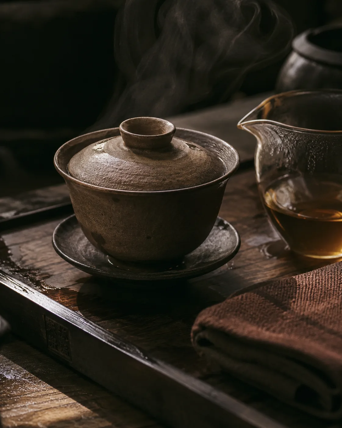 A brown-glazed lidded gaiwan on a dark wooden board beside a glass pitcher of amber liquor.
