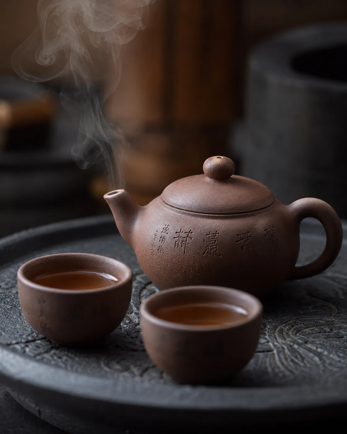 A small clay teapot and two filled cups on a dark carved tray, steam still lifting from them.