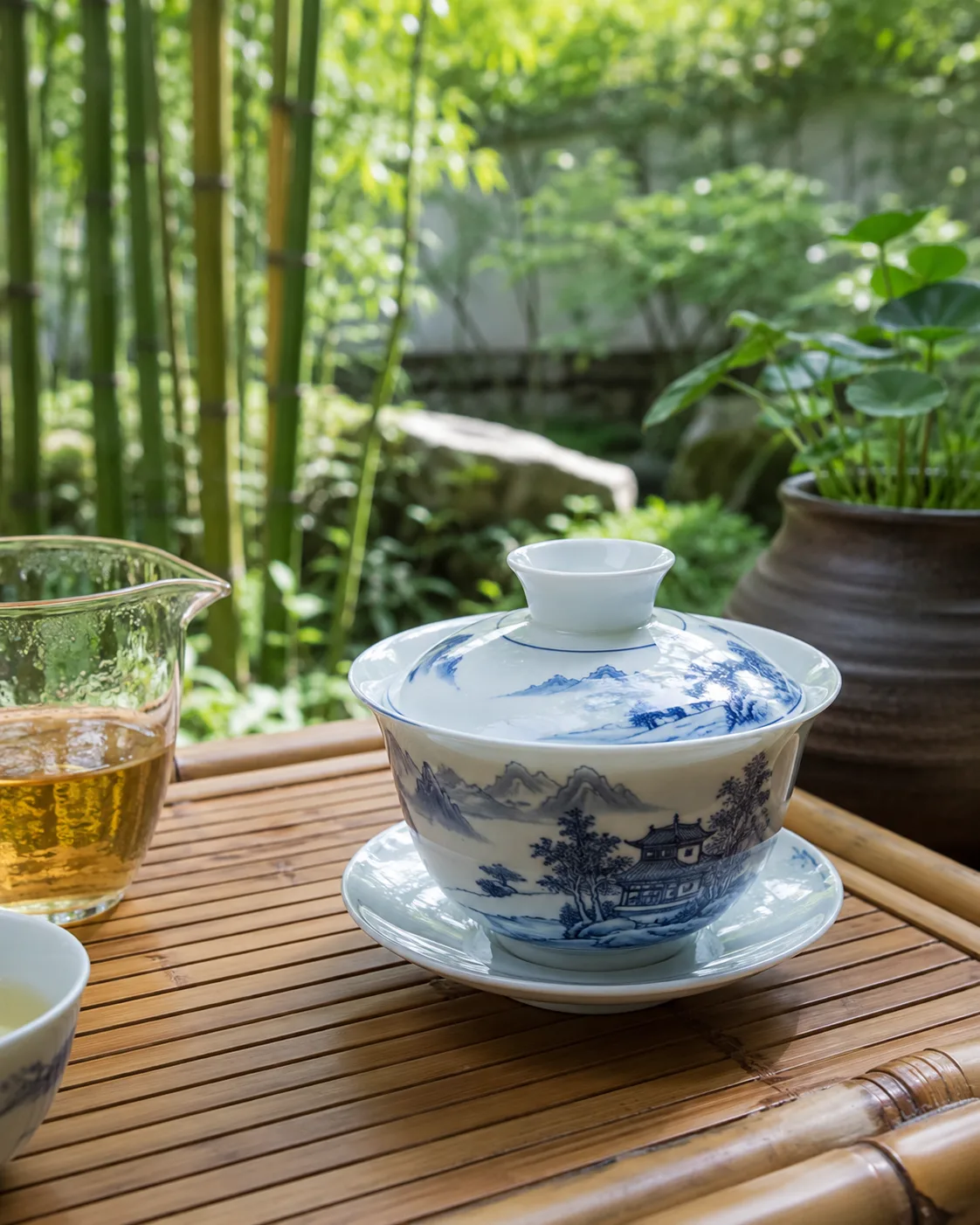 A blue-and-white gaiwan painted with a landscape, on a bamboo table in front of a bamboo garden.