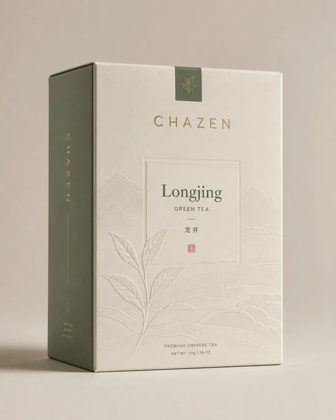 Cream Longjing carton with a green spine, an embossed tea sprig and a debossed mountain landscape