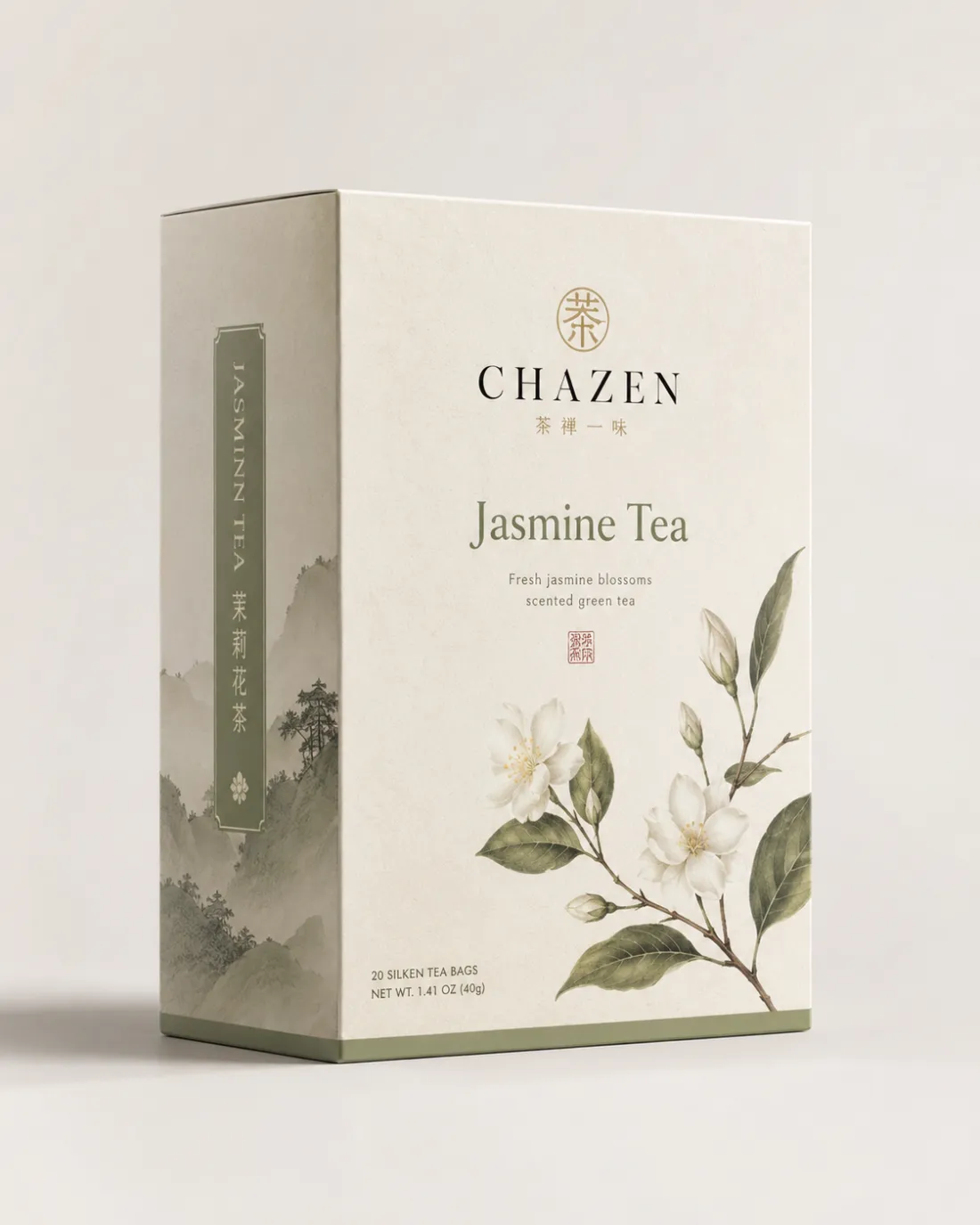 A cream and sage Chazen carton reading Jasmine Tea, fresh jasmine blossoms scented green tea, with painted jasmine across the lower panel.