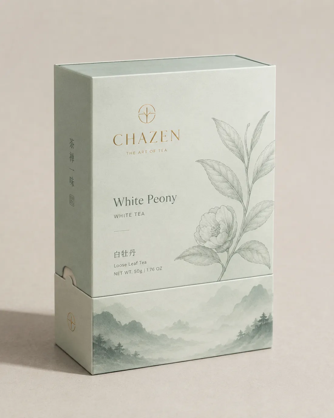 A pale celadon Chazen carton printed with a drawn tea camellia, reading White Peony, white tea, 白牡丹.